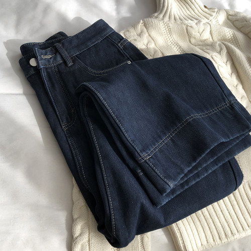 加绒厚款复古深色百搭直筒长裤女秋冬宽边脚口阔腿裤