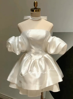 生日裙子高级感party小礼服高端轻奢小众泡泡袖一字肩抹胸连衣裙