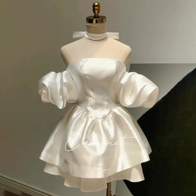 生日裙子高级感party小礼服高端轻奢小众泡泡袖一字肩抹胸连衣裙