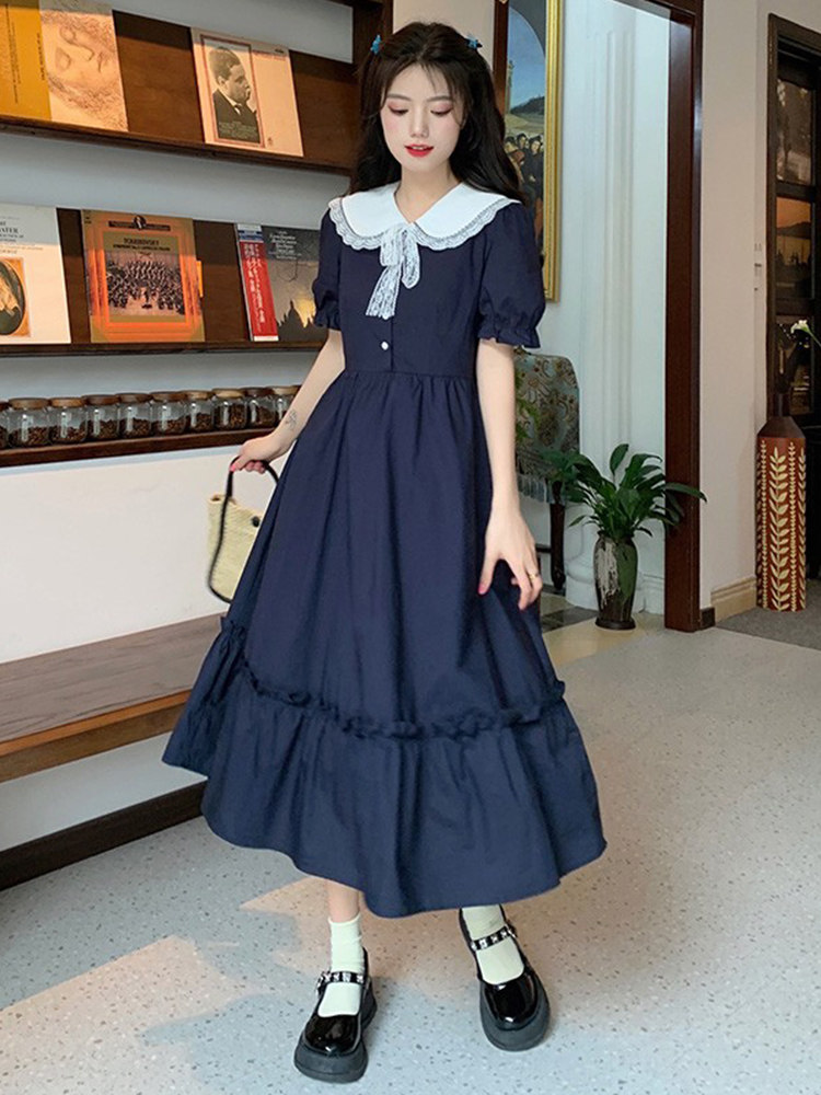 娃娃领连衣裙少女夏装2023年新款长裙初中高中学生到脚踝森系裙子