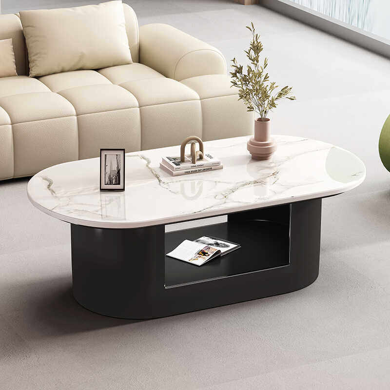 椭圆形岩板茶几新款奶油风法式轻奢现代客厅家用极简约双层茶几桌