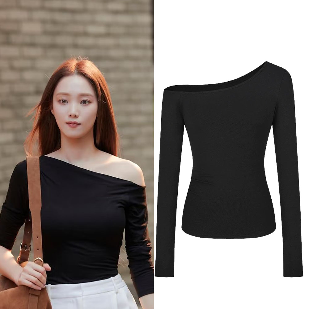 在你灿烂的季节李圣经宋河兰同款衣服长袖黑色斜肩上衣女高级感女