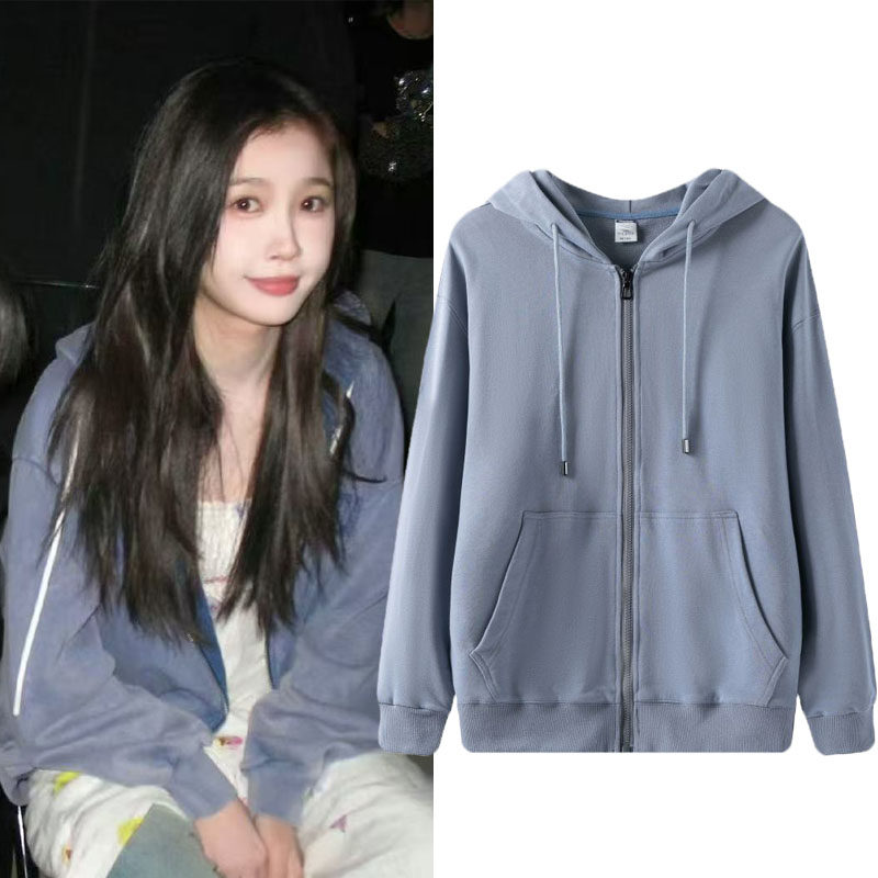 双轨虞书欣姜暮同款衣服雾霾蓝连帽拉链开衫外套男女款宽松卫衣