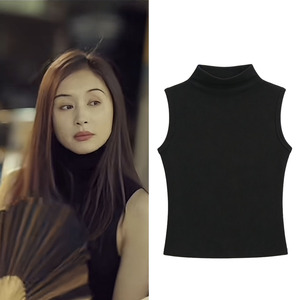 玫瑰丛生王子文李晓兮同款衣服黑色高领无袖背心女性感内搭T恤衣