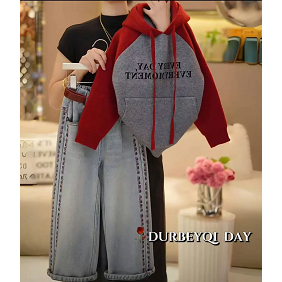 KB-朵贝奇女童2024秋冬韩版休闲连帽拼接牛仔裤套装4951