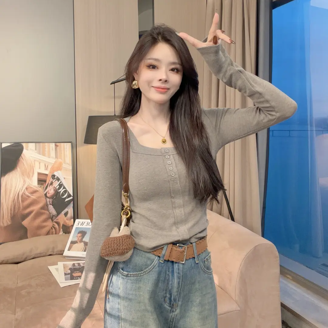 XX-纯欲排扣方领长袖t恤女修身高腰短款上衣内搭T恤