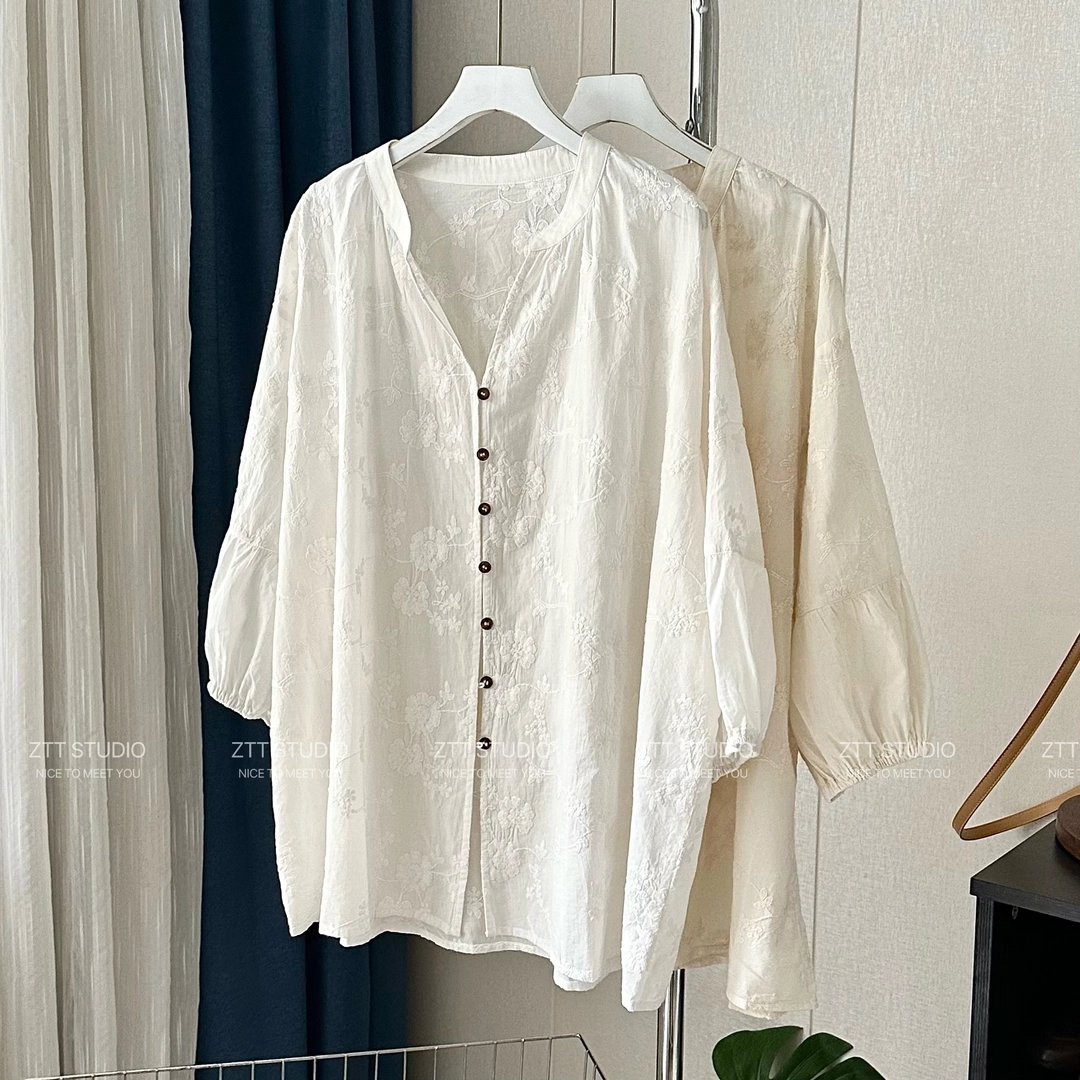 ZTT全棉精梳棉重工提花刺绣宽松衬衫女夏季韩版气质七分袖衬衣