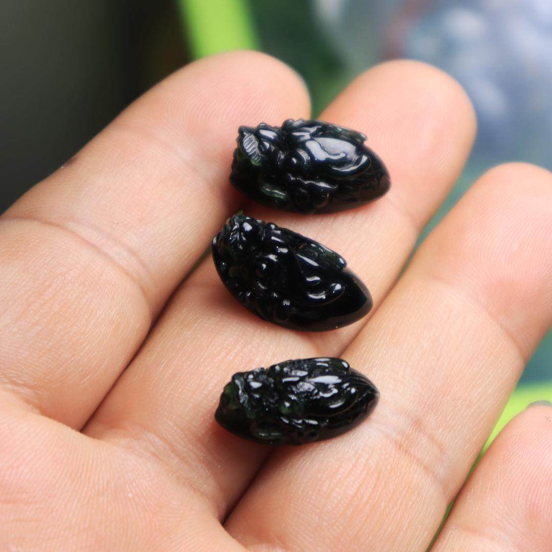 纯天然缅甸翡翠 墨翠龙头戒面 手工雕刻玉石生肖龙头镶嵌戒面