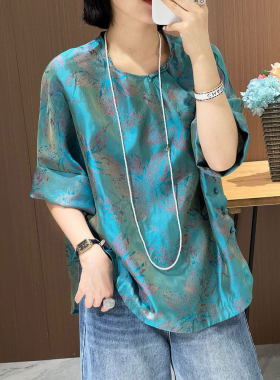 新中式蓝色印花宽松型短袖上衣女宽松百搭显瘦夏季上新五分袖小衫