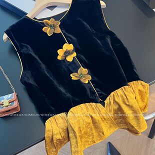 太阳花下摆荷叶边丝绒时尚马甲潮2025秋季时尚洋气新中式国风潮款