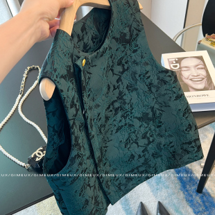 2025爆款 国风提花马甲女高级感独特网红超好看绿色上衣外套 新中式