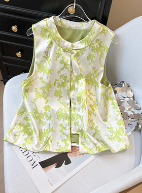 新中式绿色马甲国风年轻款高级感秋季外穿背心女非遗圆领背心大码