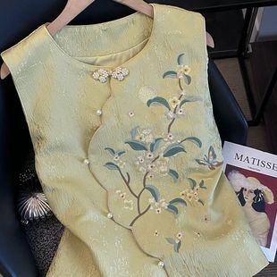 2025秋季复古洋气减龄坎肩宽松马夹新中式斜襟盘扣刺绣唐装马甲女