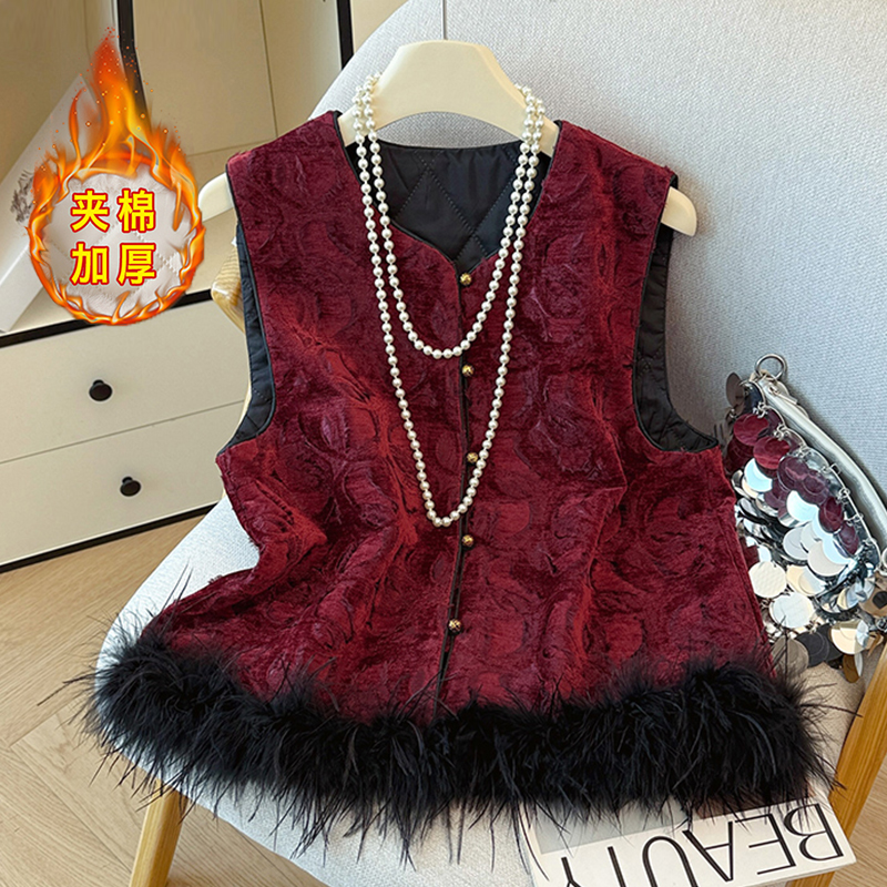 秋冬女款加厚马夹红色提花坎肩背心新中式鸵鸟毛马甲国风夹棉上衣