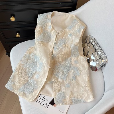 国风重工刺绣马甲背心女新中式复古欧根纱马夹无袖坎肩上衣春夏款