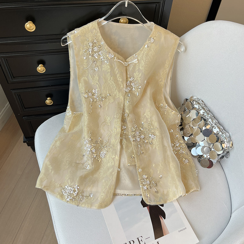 新国风中式马甲背心薄款网纱复古重工刺绣钉珠坎肩马夹外穿女夏