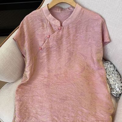 新中式国风盘扣秋季斜襟禅意茶服粉色短袖小衫女宽松改良唐装上衣