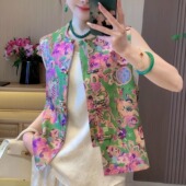 新中式 古风女装 妈妈盘扣撞色提花马夹 时尚 国风马甲女外穿上衣新款