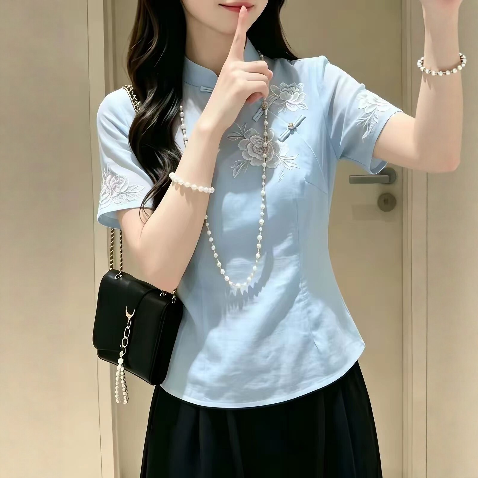 新中式复古风短袖衬衫女气质上衣图片
