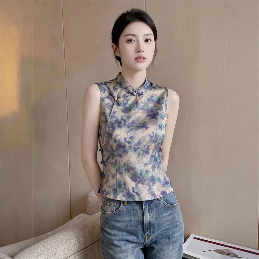 新中式复古无袖立领印花马甲女夏图片