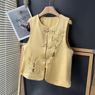 新款 马甲2026春季 精致上衣女 国风盘扣圆领无袖 黄色温柔显瘦新中式