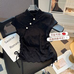 新款 新中式 蕾丝衫 上衣复古盘扣轻短袖 国风蕾丝上衣设计感高端女装