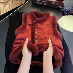 新中式中国风夹棉加厚马甲秋冬季新款拜年服背心马甲新年战袍外穿