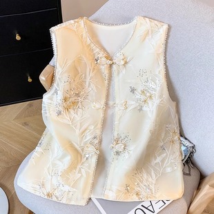 新中式国风重工刺绣钉珠马甲女2025夏季新款复古提花唐装汉服马夹