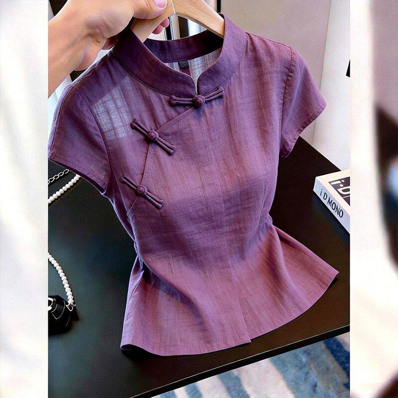 新中式国风盘扣紫色正肩短袖衬衫女夏季新款设计感修身气质上衣
