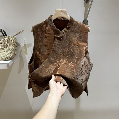 新中式洋气提花立领斜襟盘扣马甲女2025秋新款高级感复古坎肩上衣
