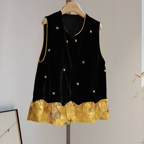 新中式丝绒洋气马甲女拼接黄色印花花边宽松外穿背心早秋圆领马夹