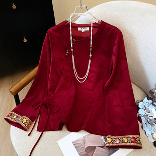 年轻版新中式上衣红色国风提花长袖小衫盘扣暗纹提花缎面衬衫女秋