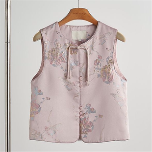 2026年早春新款中国风马甲小个子马甲背心新中式薄款粉色提花上衣