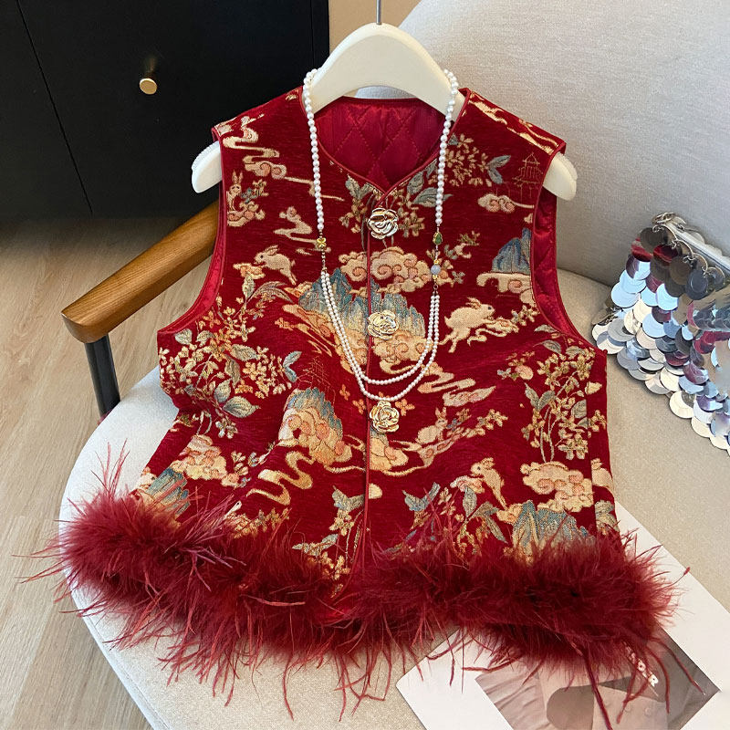 新中式高级感无袖坎肩背心女款鸵鸟毛马夹春季新款红色国风马甲,女装/女士精品,马夹,淘宝优惠券,粉丝福利购,淘宝优惠卷