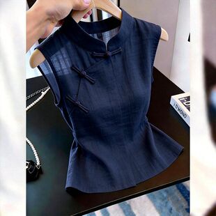 2026夏季新款新中式上衣女款改良国风立领盘扣无袖设计感气质小衫