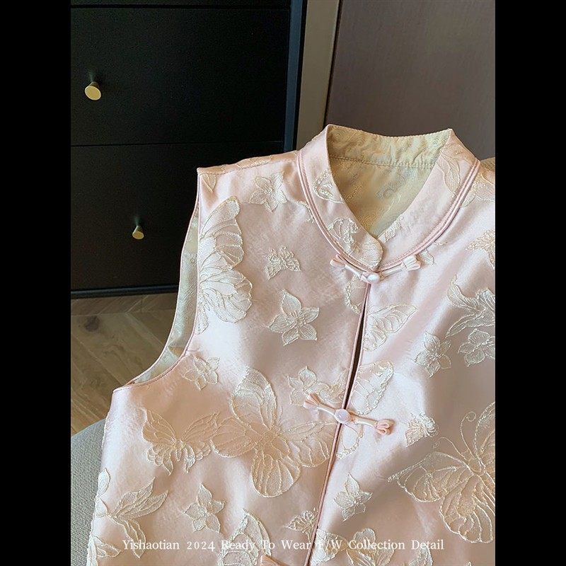 新款粉色提花立领盘扣新中式马甲女国风甜美气质新品春秋款上衣,女装/女士精品,马夹,淘宝优惠券,粉丝福利购,淘宝优惠卷