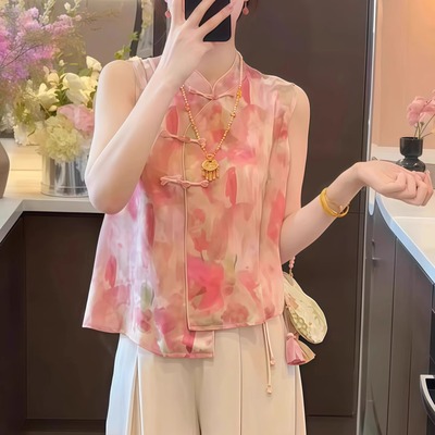 2025新中式改良盘扣短款粉色无袖上衣女秋季薄款仿旗袍式背心马甲