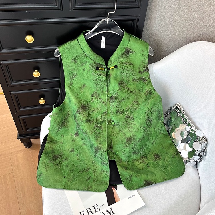 新中式早秋提花马甲背心改良复古国风盘扣立领侧开衩坎肩外套上衣