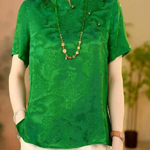 女夏新款 衬衫 复古提花绿色百搭立领上衣百搭 短袖 高级感国风新中式