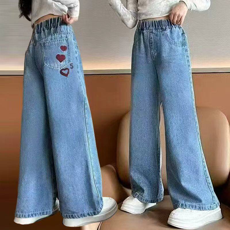 女童牛仔裤秋冬款女童加绒牛仔阔腿裤中大童时尚销量爆款女童长裤