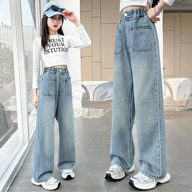 女童牛仔裤春秋款2025新款直筒宽松阔腿裤时尚洋气中大童薄款长裤
