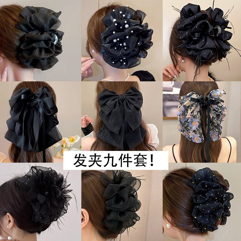 黑色网纱蝴蝶结抓夹大号盘发