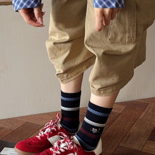 袜子中筒ins潮流纯棉学院风女生卡通可爱蓝色2025年秋季 复古美式