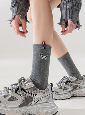 高级感超好看袜子tb风腊肠狗灰色中筒女士潮牌jk秋春纯棉全棉2025