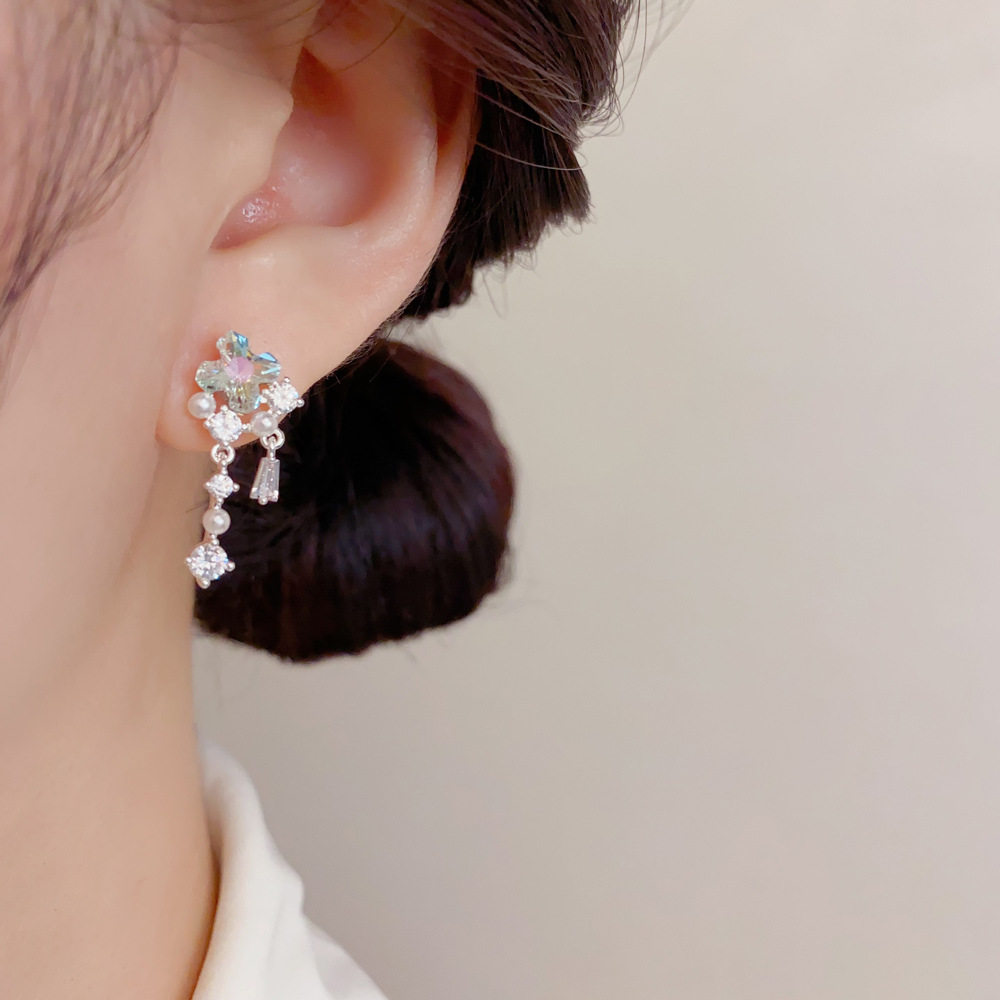 2026s925纯银针彩色四叶花锆石流