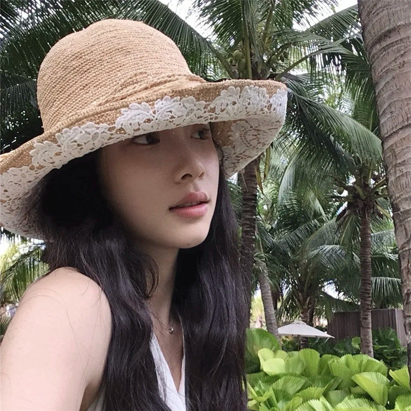 日本CA4LA新款蕾丝花朵草帽女夏拉菲草度假风海边沙滩大檐遮阳帽