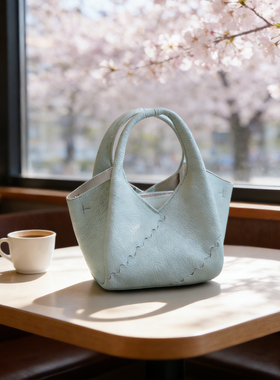 禾二HIR春上新冰雾蓝头层牛皮菜篮子包手提单肩斜挎腋下真皮小包