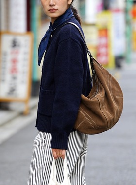 禾二HIR轻复古头层反绒牛皮腋下单肩斜挎真皮大容量月牙饺子包