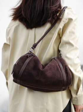 禾二HIR轻复古头层反绒牛皮大容量波士顿腋下单肩斜挎真皮枕头包