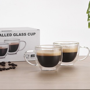跨境带把咖啡杯套装高硼硅双层玻璃杯子透明隔热高档简约出口外贸